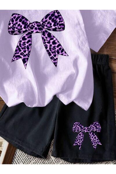 vinraus Girl\Boy Lilac-Black Leopard Ribbon Printed Combed Cotton Shorts-Tshirt Set