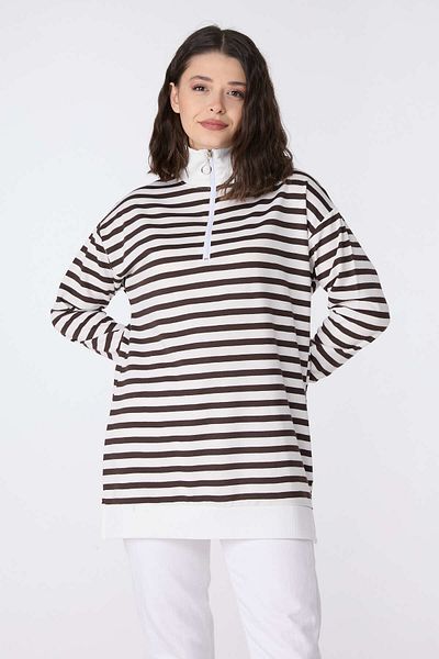 TOFİSA Women's Brown Striped Straight Half Turtleneck Sweat - 23892