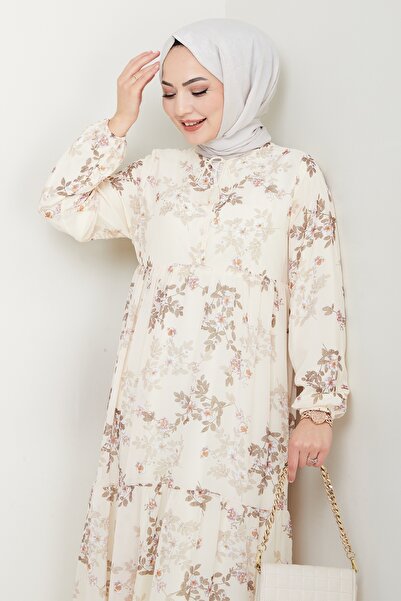 InStyle Lavi Tassel Detail Cream Chiffon Dress