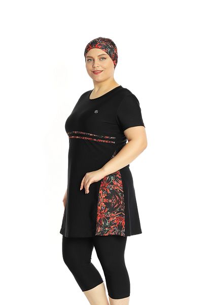 İYİBU Allsea Plus Size Semi-Closed Hijab Swimsuit Short Sleeve Patterned 4-Piece Suit