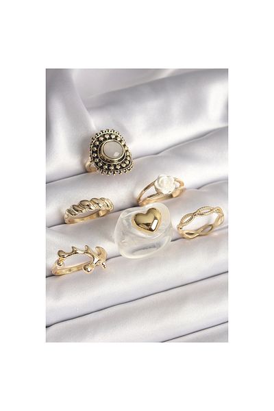 Marsilyan Brass Gold Color White Rose Figure Heart Embroidered Spiral Detail Set of 6 Women's Rings - Tj-Byk3639