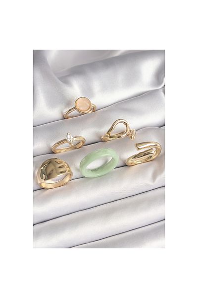 Marsilyan Brass Gold Color Zircon Stone Circle Pink Enamel Detail Set of 6 Women's Rings - Tj-Byk3630