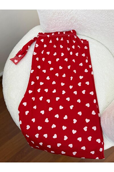 Bahar Altundemir Kırmızı Kalpli Süet Premium Kalite Kırmızı Pijama Altı Kadın Pijama Uzun