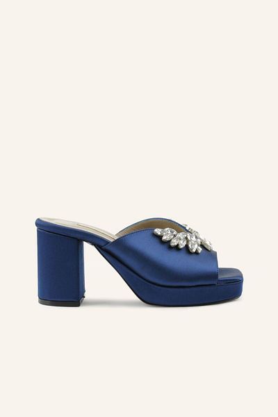 MARCATELLI Papuci cu toc Farah din satin bleumarin