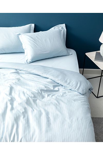 Madame Coco Elicia Double 100% Cotton Striped Satin Duvet Cover Set - Light Blue
