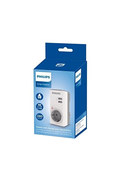 Philips CHP4010W Tekli Akım Koruma Priz, 380J, 2x USB-A, Max 2.4A, Beyaz