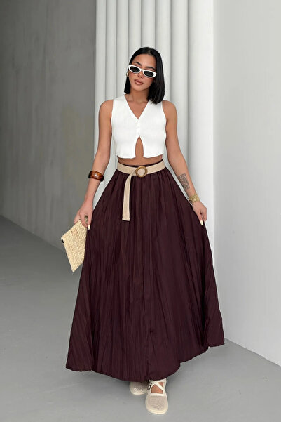 Ladima تنورة طويلة واسعة بتأثير عنابي اللون للسيدات