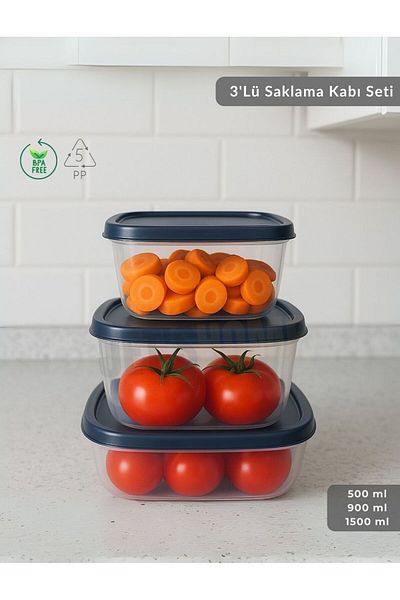Jet's Home Set of 3 Storage Containers Square Food Container Bpa Free Suitable for Deep Freezer 500-900-1500 ml