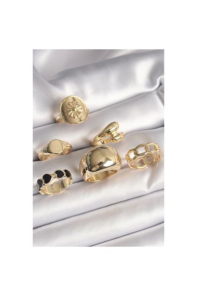 Marsilyan Brass Gold Color Flower Embroidered Black Heart Model 6-Piece Women's Ring Set - Tj-Byk3622