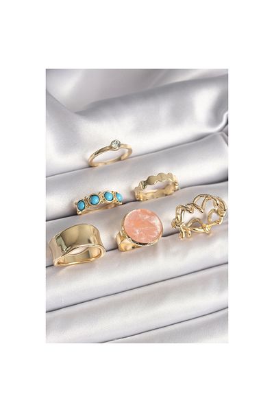 Marsilyan Brass Gold Color Circle Pink Enamel Zircon Stone Detailed Set of 6 Women's Rings - Tj-Byk3610