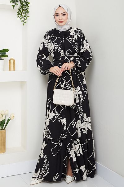 InStyle Flower and Figure Pattern Black Viscose Dress