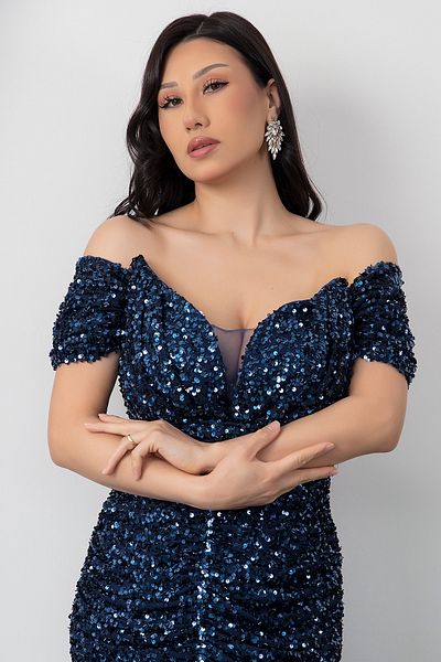 PULLIMM Strapless Off Shoulder Sequin Dress Ecr5530
