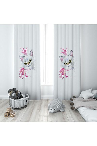 Talia Home Cat Patterned Children's and Baby's Room Background Curtain 2 Wings Tla-234