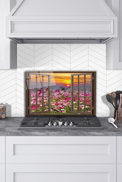 Rosyvien Pembe Çiçek Manzaralı Pencere Cam Ocak Arkası Koruyucu, MutfakTezgah...