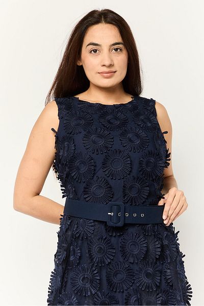 Phase Eight Women Lace Textured Belted Midi Dress, Navy