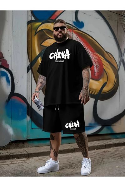 ACTIVE MODA - تي شيرت رجالي مطبوع عليه صيني - شورت طقم مكون من قطعتين مقاس كبير من القطن