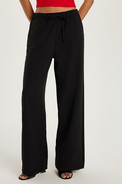 Tudors Women's Regular Fit Elastic Waist Tie-Up Flared Leg Black Palazzo Trousers