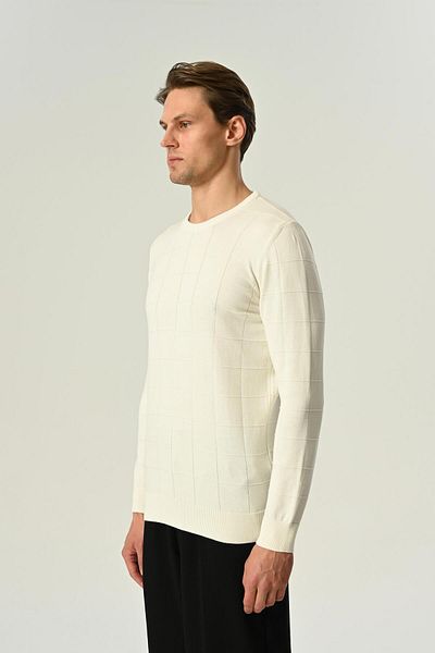 MFY Fashion Men's 100% Cotton Baklava Pattern Textured Knitwear Sweater Ecru