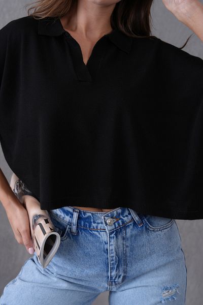 bayansepeti Women's Black Polo Neck Half Sleeve Oversize Summer Crop Knitwear Blouse 002