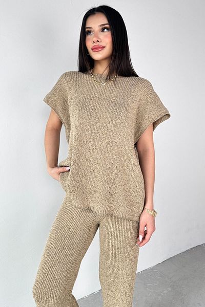 Cappmoda TKM-13269 Πλεκτά Μινκ Μπλούζα Loose Παντελόνι Σετ δύο τεμαχίων