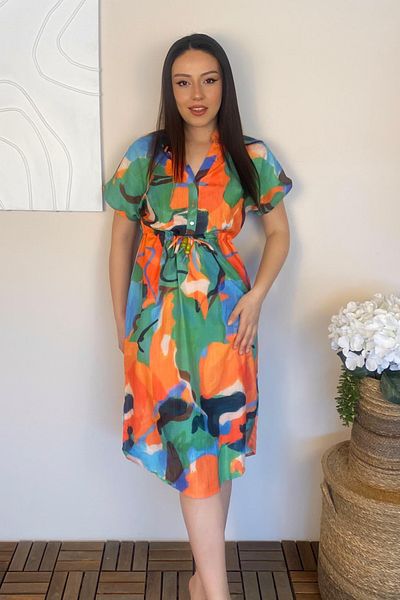 Ded COLLECTION Rochie de damă cu mânecă scurtă, cu talie tunel, cu jumătate de nasturi în față, culoare verde portocaliu