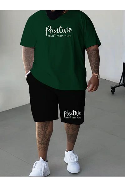 ACTIVE MODA - تيشيرت رجالي مطبوع إيجابي - شورت طقم مكون من قطعتين مقاس كبير من القطن