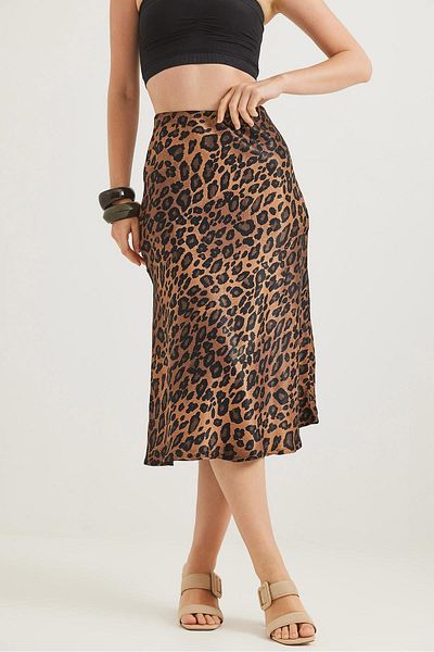 Raneel Kazançlı Alışveriş Elastic Waist Midi Length Satin Skirt Leopard