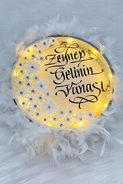 ZEYMERADE Beyaz Ledli Şeffaf Gelin Tefi 32cm, 3 Boyut Çiçek Parlak Taş Tüy, D...