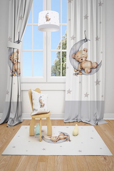 Talia Home Sleeping Bear Patterned Children's and Baby's Room Background Curtain 2 Wings Tla-278