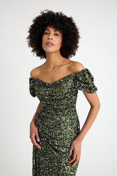 SpringStore Khaki Off Shoulder Sequin Sequin Evening Dress