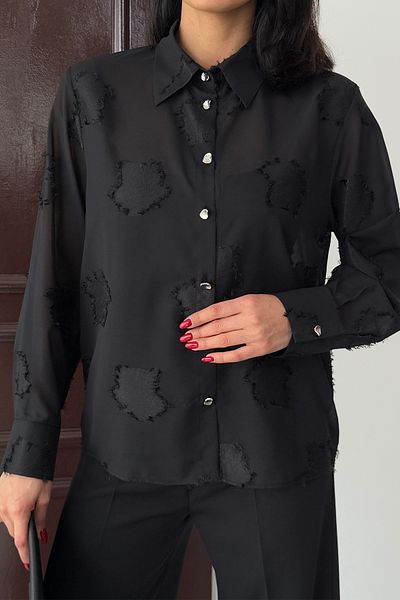 Ortaya Çık Black Button Detailed Transparent Chiffon Shirt