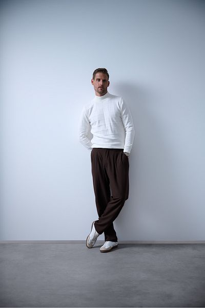 MFY Fashion Men's 100% Cotton Square Pattern Textured Half Turtleneck Knitwear Sweater – Ecru