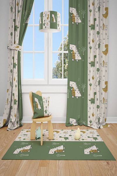 Talia Home Dinosaur and Animals Patterned Children's Room - 2 Wing Background Curtain Tla-311