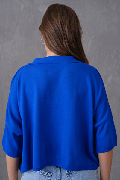 bayansepeti Kadın Saks Mavi Polo Yaka Yarım Kollu Oversize Yazlık Crop Triko Bluz 002