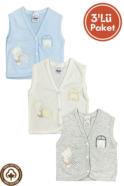 Miniel Unisex Baby Bulk Teddy Bear Embroidered Organic Cotton 3-6-9 Months 3-Piece Combed Cotton Baby Vest Set
