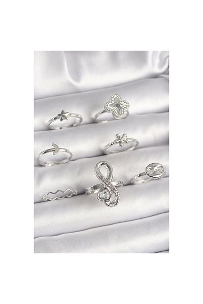 Marsilyan Brass Silver Color Clover Figure Infinity Zircon Stone Heart Detail Women's Ring Combination - Tj-Byk3650