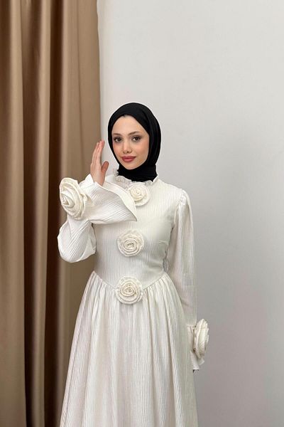 QUQA Jacquard Dress with Rose Accessories - Ecru