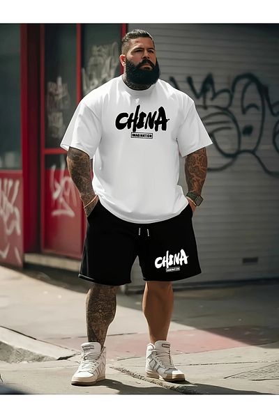 ACTIVE MODA - تي شيرت رجالي مطبوع عليه صيني - شورت طقم مكون من قطعتين مقاس كبير من القطن