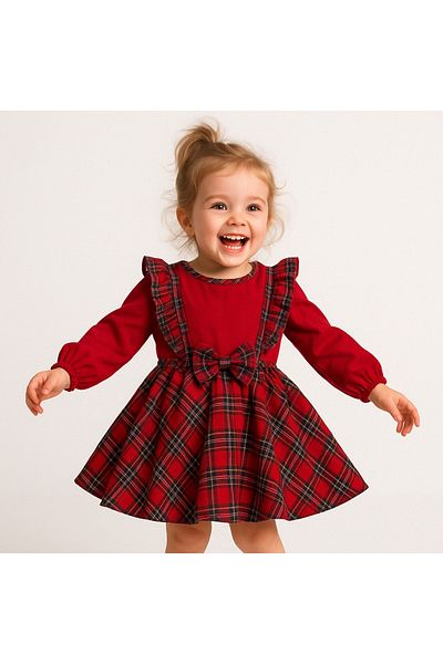 Elayza Children's Girl's Dress with Exquisited Patterned Waist and Sleeves with Elastic Bow Detail