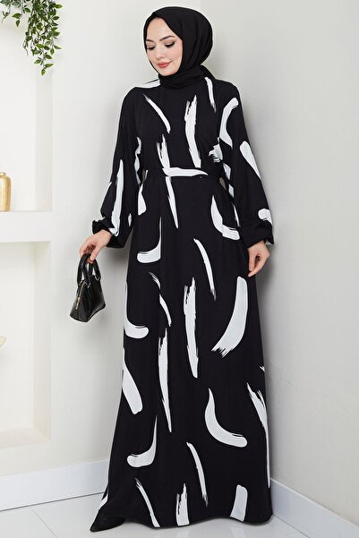 hafsamina Fırça Desenli Yazlık Viskon Elbise Siyah HM2730