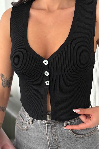 FEMELLE Women's Black Standard Size Buttoned Sleeveless 100% Cotton Knitwear Blouse
