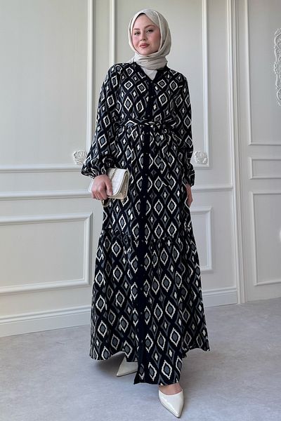 InStyle Triangle Pattern Marbled Viscose Black Dress