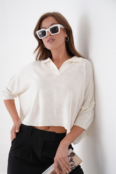 barış sülün lovebox Women's Polo Neck Low Sleeve Design Oversize Crop White Knitwear Blouse 002