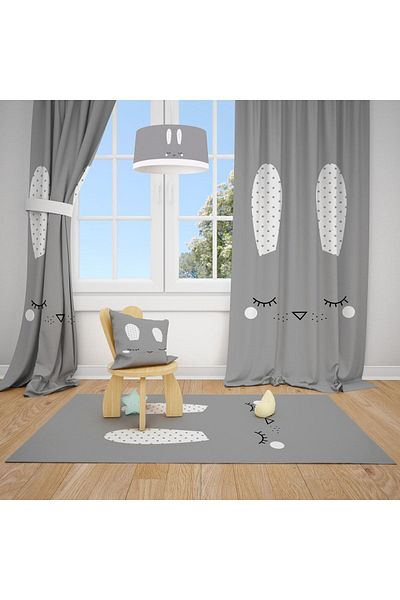 Talia Home Gray Patterned Children's and Baby's Room Background Curtain 2 Wings Tla-288