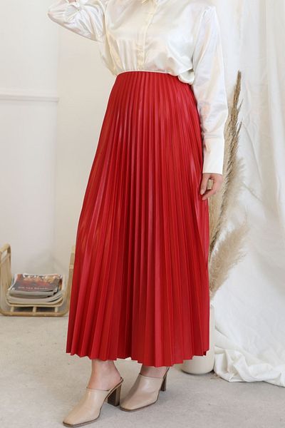 Stil Sepeti Women's Red Waist Hidden Elastic Pleated Long Skirt St- 100078641