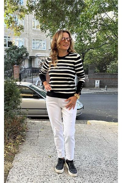 Dilvin Crew-Neck Striped Drop Pullover