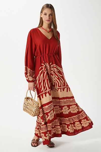 Ritnice Μέτριο γυναικείο μακρύ καλοκαιρινό φόρεμα με μέση με κορδόνι με κορδόνι 100% βισκόζη με λαιμόκοψη