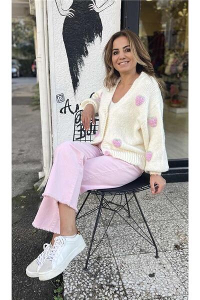 Dilvin Strawberry Embroidered Balloon Sleeve Cardigan