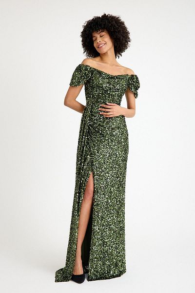 SpringStore Khaki Off Shoulder Sequin Sequin Evening Dress