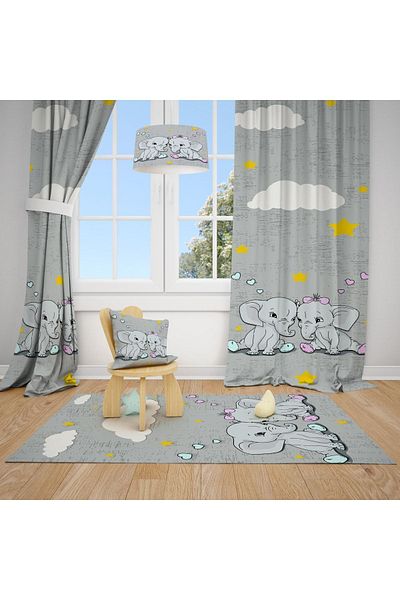 Talia Home Cute Elephant Patterned Children and Baby Room Background Curtain Tla-213